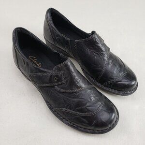 Clarks Whistle Bamboo Leather Flat Womens 6.5 Black Crinkle Slip On Comfort Shoe